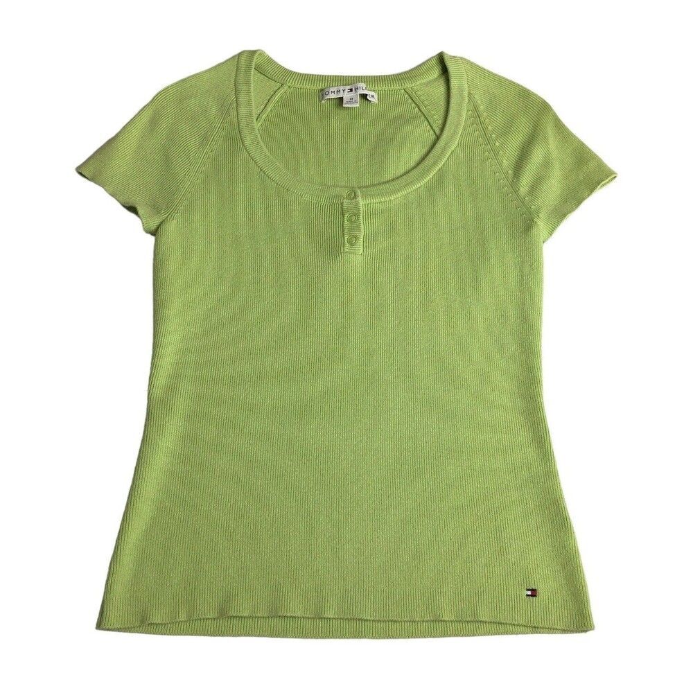 Vintage Tommy Hilfiger Top Women M Knit Sweater Short Sleeve Snap Scoop Neck Y2K